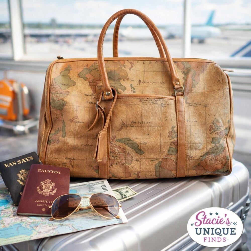 Vintage Gitano Map Print Duffle Travel Bag Brown Weekender